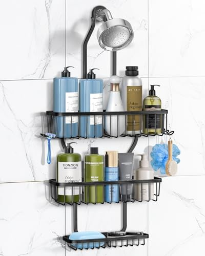 MSAICOE Shower Caddy Hanging - Never Rust Shower Hanging Organizer - Aluminum Over the ShowerHead Caddy with Soap Basket and 6 Hooks for Razor/Sponge (Black)