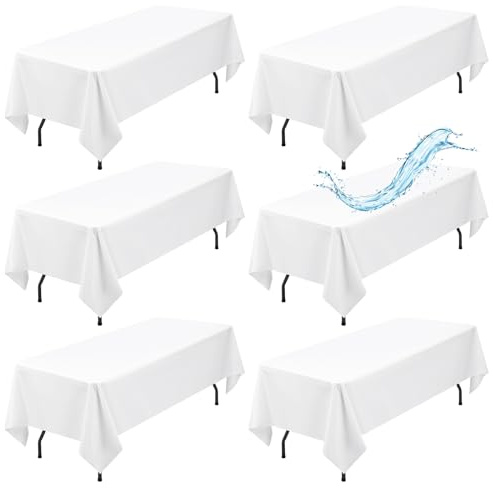 6 Pack White Rectangle Tablecloth 60 x 102 Inch White Tablecloths Waterproof Polyester Table Cloth for 6 Foot Tables Stain and Wrinkle Resistant Washable Fabric Table Cover for Party Wedding Dining