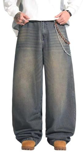 Zewool Jeans Baggy Hip Hop per Uomini,Jeans Skater a Gamba Larga,Pantaloni in Denim a vestibilità Loose Y2K Gamba Dritta vestibilità Rilassata Skateboard Streetwear,E10 Retro Blu,XL