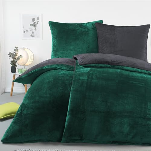 BaSaTex Winter Plüsch Bettwäsche Set, 4tlg. 135x200 cm, Anthrazit Dunkelgrün