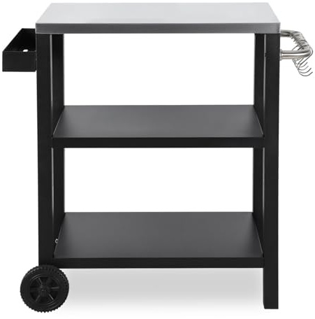 Eikuavons Grilltisch, Grillwagen, Grilltisch Outdoor, Küchenwagen mit Zwei höhenverstellbaren Ablagen mit Gewürzregal und 6X Haken, Grillwagen auf Zwei Rädern, Tischplatte aus Edelstahl, 84x67x41cm