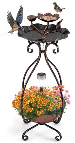 Maxmass Bird Bath Station, 3 in 1 Outdoor Bird Feeder with Solar Powered Lamp & Flower Planter, 79cm Freestanding Birdbath Decoration for Garden Yard Lawn