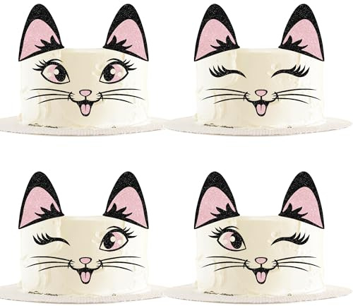 Xsstarmi 20 Pack Cat Cake Topper Cute Meow Cat Ears Eyelashes Cake Pick Set for Cat Themed Baby Shower Birthday Party Cake Decorations Supplies