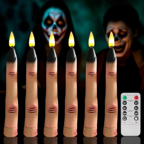 DZAY Halloween Deko Innen Led Stabkerzen mit Timer und Fernbedienung,Horror Finger LED Kerzen für Halloween Party Lichter,Gruselige Elektrische Kerzen Flackernde Flamme Echtwachskerzen (6)