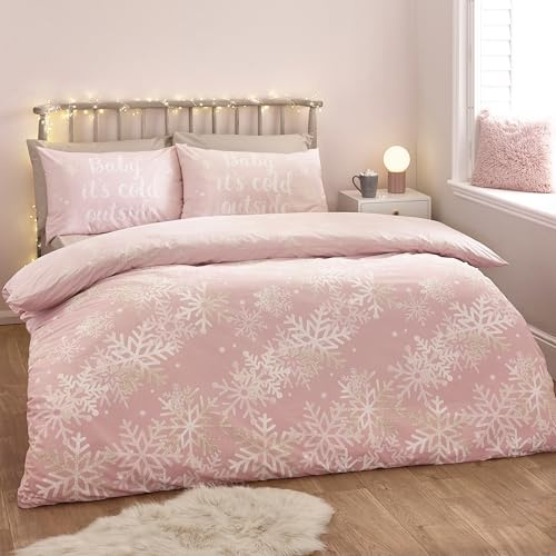 Catherine Lansfield Baby It's Cold Outside Reversible Double Duvet Cover Set with Pillowcases Pink