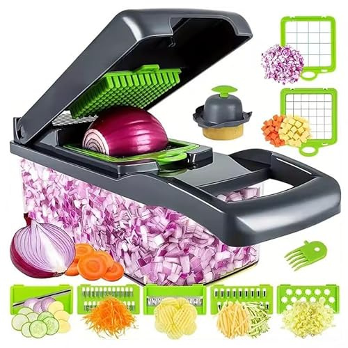 AFFETTATRICE MULTIFUNZIONALE: Tagliaverdure e affettatrice per frutta e verdura 16 in 1, affettatrice per patate, spremiaglio, tritatutto per verdure, mandolina, tagliaverdure per insalata