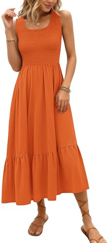 AUSELILY Women's Sleeveless Maxi Dress Summer Sundress Smocked Empire Waist Crew Neck Sun Dresses 2026 New, Orange 2XL