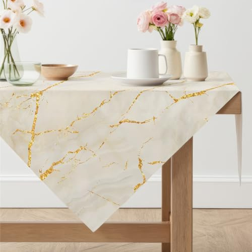 Arwllzz Abwaschbare Tischdecke Gelb Modern Eckig Mitteldecke Tisch Tischdecken 80 x 80 Leinenoptik Marmor Gold Tischwäsche Tischdeko Vintage Landhausstil Tischtuch für Draußen Gartentisch