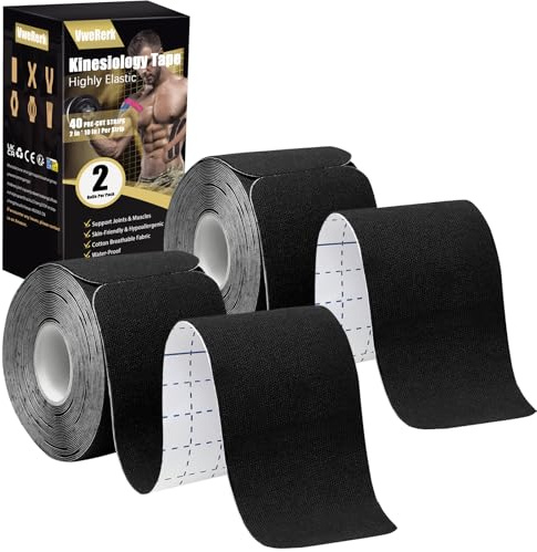 Kinesiology Tape Precut 2 Rolls K Tape, Elastic Kinetic Tape 40 Count 10 Precut Strips, Muscle Tape for Knees, Joint Support & Sports Injury - Black