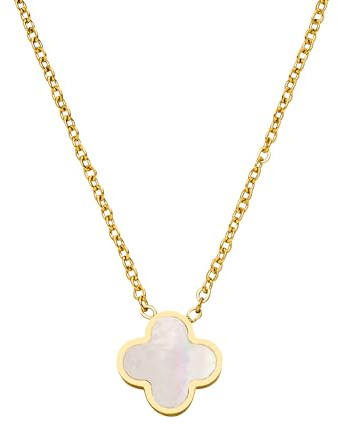 DIAMOND MODE Kleeblatt Halskette Damen Schmuck - Clover Perlmutt, 18K Vergoldet, Chirurgenstahl, 42cm + 5cm, Wasserfest, Geschenk (Gold)