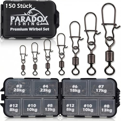 Paradox Fishing Duo-Lock Angel Wirbel Set I enthält Größen #3-#8 150 Stück I Wirbel Angeln Wirbel Angel-Zubehör Set Wirbelsortiment Angelwirbel mit Karabiner