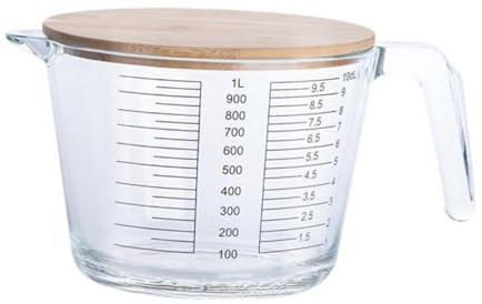 Uonlytech Vaso Medidor de Vidrio Resistente al Calor 1000 Ml con Escala Tapa de Madera Taza Medidora Práctica para Repostería y Cocina