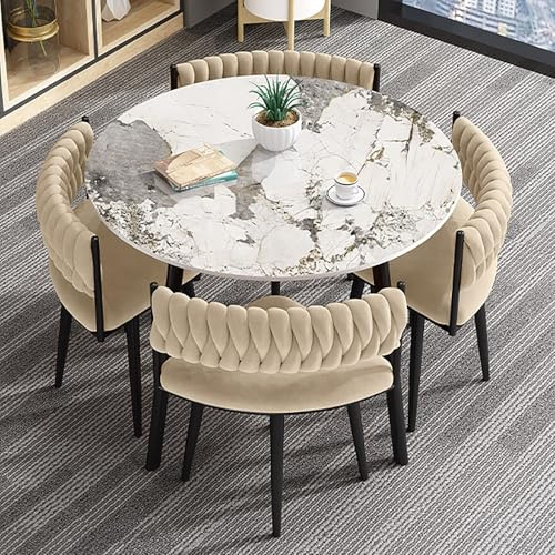 Moderno set di 5 pezzi tavolo da pranzo rotondo per 4 – elegante tavolino da caffè e sedie color legno per soggiorno, cucina, ufficio, reception, tappezzeria minimalista in pelliccia beige