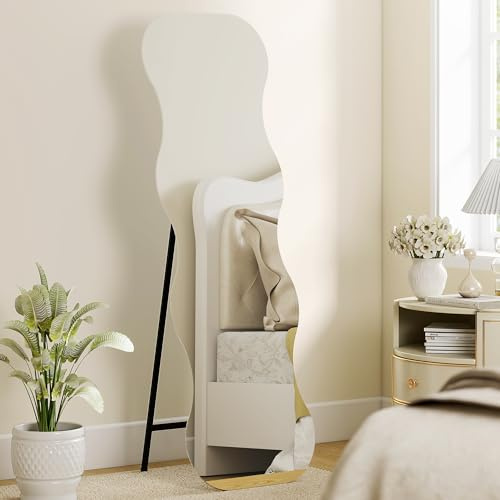 HOMCOM Ganzkörperspiegel 160 x 50 cm Gewellter Standspiegel Schwarz | Holzsockel, Rahmenlos, zum Stehen/Anlehnen, Modern Deko, Schlafzimmer/Flur/Wohnzimmer