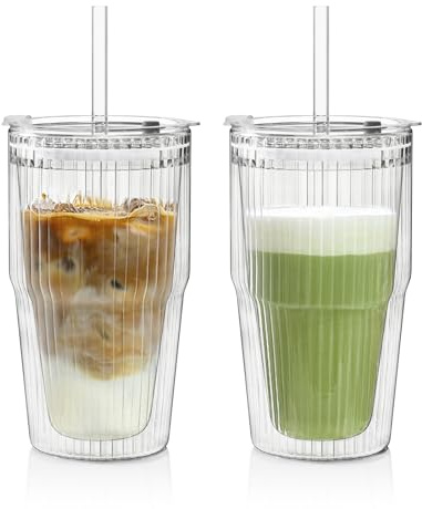 KEMORELA 16oz Ribbed Double Wall Glass Tumblers with Lid and Straw, 2 Pack Insulated Glass Cups for Iced Coffee, Matcha Latte, Tea & Cold Drinks