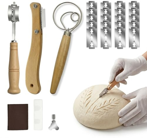 ZOMKIFA Kit de Corte de Pan, Mezclador de Masa y Cuchillo de Pan con Hoja de Acero Inoxidable 304 y Mango de Madera de Haya, para Pan Blanco, Baguette, Pan Integral