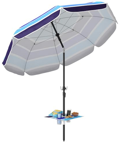 Outsunny Sombrilla de Playa con Mesa Plegable Ø198 cm UV30+ Multicolor | Portavasos, Sombrilla de Terraza Exterior, Altura Ajustable, Inclinación, Bolsa de Transporte, Gancho