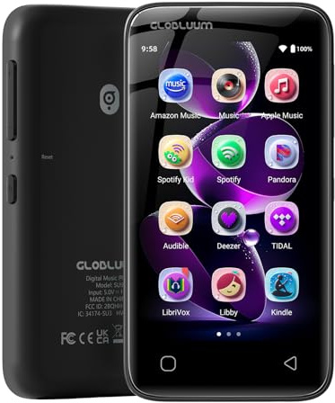 160GB MP3 Player with Bluetooth 5.0 and WiFi, Music Player with Spotify, Audible, Amazon Music, Pandora, Libby, Spotify Kids, 4 Touchscreen Android MP4 Player with HiFi Sound, FM Radio (Glossy Black)