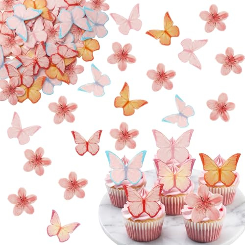 70PCS Kirschblüten Essbare Blumen für Torte mit Schmetterlinge Tortendeko | Esspapier Rosa Blüten Schmetterling Cupcake Topper Wafer Paper Kuchen Deko für Geburtstag Hochzeit Babyparty