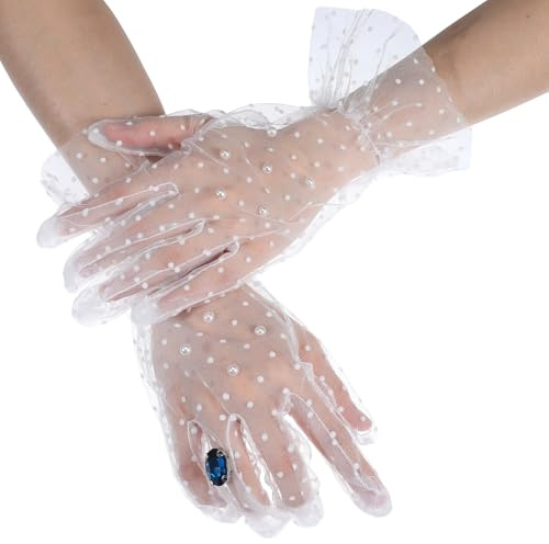 Gants en dentelle pour femme - Gants en maille - Perles transparentes | Gants en tulle blanc - Gants de mariée - Gants de mariage - Dentelle - Pour fête de mariage, bal d'opéra - Protection solaire