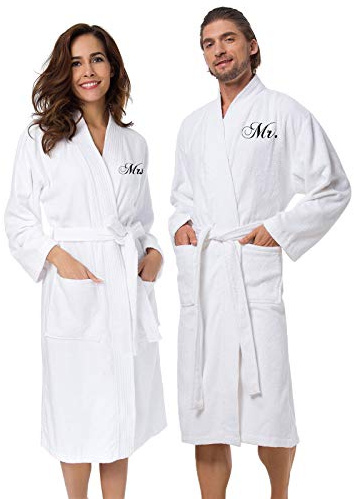 AW BRIDAL Mr and Mrs Robes for Couples Set of 2, Terry Cloth Matching Robe for Men and Women, Monogrammed Couples Bathrobe for Him and Her, Engagement and Wedding Gifts for Newly Wed, White Mr./Mrs.