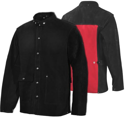 QeeLink Leather Welding Jacket - Heat & Flame-Resistant Heavy Duty Split Cowhide Leather FR Work Safety Jacket, Large, Black