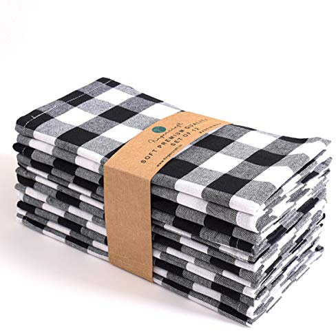 FINGERCRAFT Cloth Napkins, Black White Checkered, 20X20 Inch, Set of 12