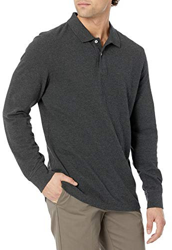 Amazon Essentials Herr Slim-Fit Långärmad Pique Polo, Charcoal Heather, Medium