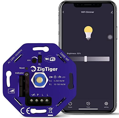 Zigtiger Interruttore dimmer Wifi LED universale Wlan da incasso, dimmerabile, adatto per LED dimmerabili e alogeni 5-250 W, senza morsetti, pannello di commutazione bianco