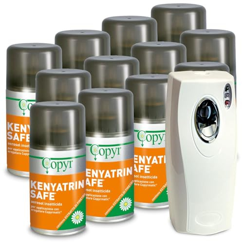 Copyr Kenyatrin Safe e Copyrmatic Evolution Night & Day - Insetticida Antizanzare, Mosche e Insetti Volanti, 24 Bombole 250ml + Erogatore Automatico, Piretro Insetticida Biologico e Repellente Zanzare