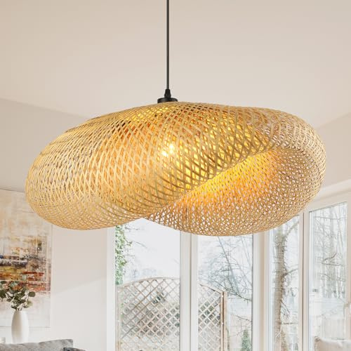 Retro Rattan Pendelleuchte Esstisch, 80 Cm Lampenschirm HäNgelampe, Handgewebter Hut Pendelleuchte Holz, KreativitäT Boho Lampe, FüR Restaurant, Teestube, Schlafzimmer, Wohnzimmer, Café, E27