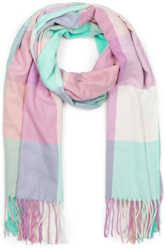 styleBREAKER Unisex weicher Karo Schal mit langen Fransen, bunt kariert, warme Winter Stola mehrfarbig 01017110, Farbe:Mint-Flieder-Beige