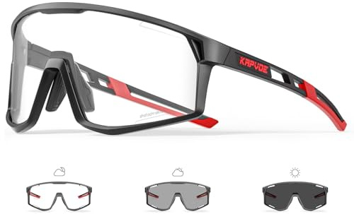 KAPVOE Photochromatische Selbsttönend Fahrradbrille für Herren Damen Klar Sportsonnenbrille TR90 Rahmen Sport Radfahren MTB Radbrille UV400 Schutz Sportbrille für Laufen Fahren Baseball Triathlon K180