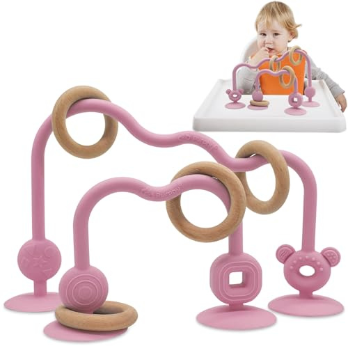 Juguete con ventosa para bebé, trona de silicona Purphy con ventosa con anillo de madera, juguete para bebés a partir de 3 meses Montessori, juguete de motricidad para bebés (rosa)