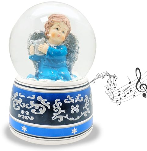 Schneekugel Weihnachten mit Musik | Engel blau mit Harfe Silber | Sockel blau-Silber Ornamente | H: 14cm B: 10cm | Schüttelkugel Weihnachtsdekoration mit Spieluhr | 20028 (Engel blau mit Harfe)