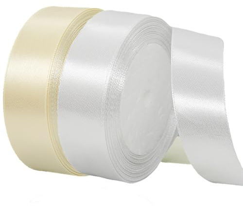 2 Rollen Satinband 20mm Breit Weiß, Geschenkband Beige und Weiss Schleifenband Stoff Satinbänder für Blumensträuße, Geschenkverpackung, Weihnachten, Hochzeit und DIY Kunsthandwerk