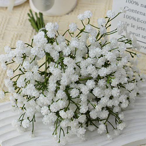 WENJION Künstliche Blumen Schleierkraut Weiß 6 Stück Kunstblumen Aus Soft-Touch Material Mit Eisendraht Im Stiel Für Hochzeit Wohnzimmer Tischdeko Büro Frühling Sommer Deko