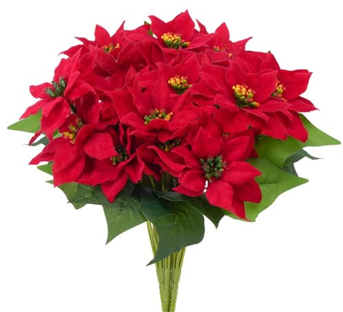 Fairblo 4pcs Fleurs de Noël Artificielles, Fleurs de Poinsettia Rouge pour Bouquets de Fleurs de Noël Décoration Guirlande Mariage, 5 Têtes par Bouquet