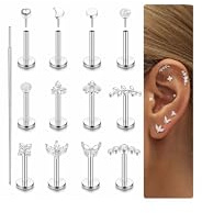 LOLIAS 16G Piercing Oreja Tragus Labret Acero Quirurgico Hipoalergénico CZ Pendiente Mujer Pequeño Conch Helix Labio Plata