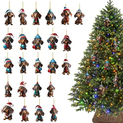 Adventskalender mit Dackel-Anhänger, 24 Ornamente aus Acryl, für Urlaubspartys, Klassenzimmer, Auto, Erntedankfest, Geburtstag