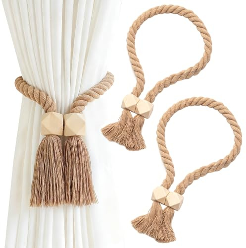 Lunaanda 2 Pezzi Fermatende Magnetici per Tende – Tende da Esterno in Cotone Intrecciato a Mano, Stile Rustico, Ideale per Casa, Ufficio e Giardino
