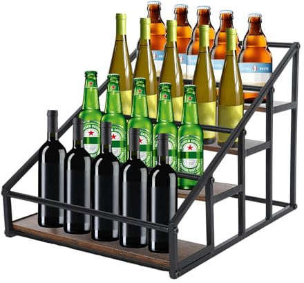 BTSAE Weinregal Holz mit Tablett, 4 Etagen Flaschenregal, Flaschen Organizer Schrank mit Metallhalterungen, Bar Regal, Gewürzregal Stehend für Küche, Kaffeesirup Organizer, Weine