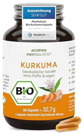 Stärkste Bio Kurkuma Kapseln - 40x effektiver - 15.000mg Kurkuma Pulver/Tag - ohne Pfeffer - höchster Curcumin Gehalt - Curcuma Kapseln hochdosiert, vegan & hochbekömmlich - Acurmin Phytholistic