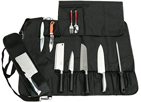 QEES Kochmesser-Rolle 17 Slots Schwarz Multifunktionale Messertasche mit Schulter wasserdichte Oxford-Tuch Enge und waschbar DD14
