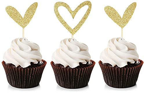 Unimall Global 24Pcs Gold Glitter Herz Cupcake Topper Nettes Design Liebe Cupcake Topper für Hochzeit Braut Jubiläum Baby Dusche Party Dekorationen Lieferungen