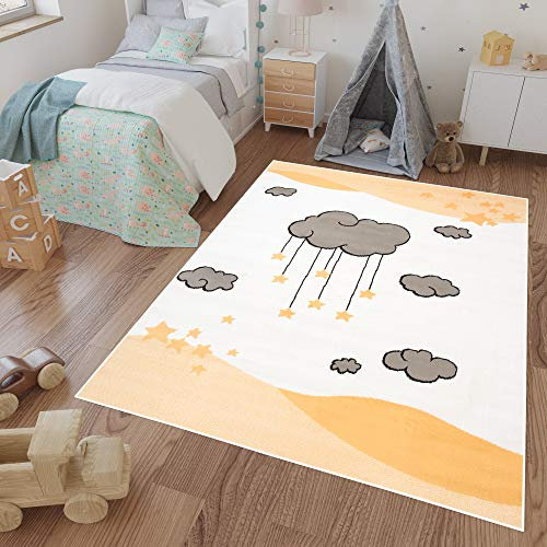 TAPISO Luna Kids Teppich Kurzflor Gelb Orange Creme Grau Bunt Wolken Sterne Modern Design Kinderzimmer Kinderteppich Spielteppich 140 x 200 cm