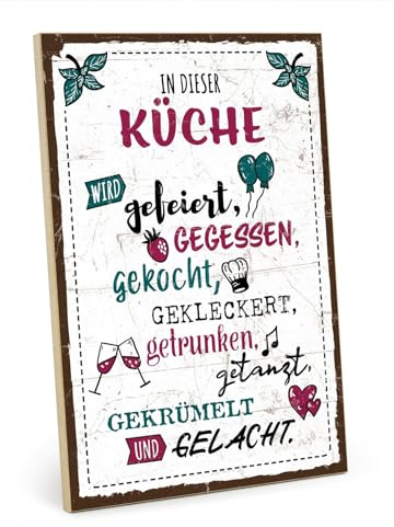 TypeStoff Holzschild mit Spruch – Küche – im Vintage-Look mit Zitat als Geschenk und Dekoration zum Thema Familie, Freunde und Freude - HS-00932