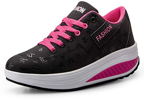 WYSFLY Zapatos de Plataforma de Cuero de imitación de tacón de cuña de Las Mujeres Zapatos de Plataforma de Cuero sintético Zapatos para Caminar con Suela Rocker Negro Rojo 40 EU