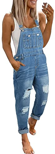 utcoco Women's Fashion Jean Bib Overalls Adjustable Straps Ripped Distressed Denim Denim Pants (Large, Light Blue)