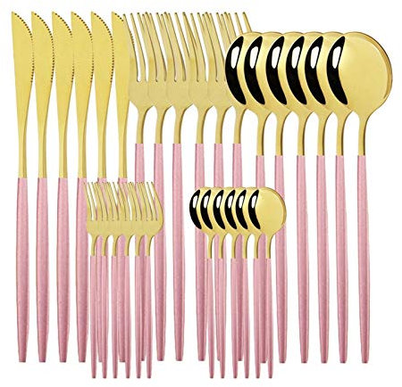Geschirr Set 18/10 Edelstahl 30 stücke Grün Gold Besteck Set Geschirrmesser Salat Gabel Löffel Besteck Set Spülmaschine Safe essgeschirr (Color : Pink Gold)